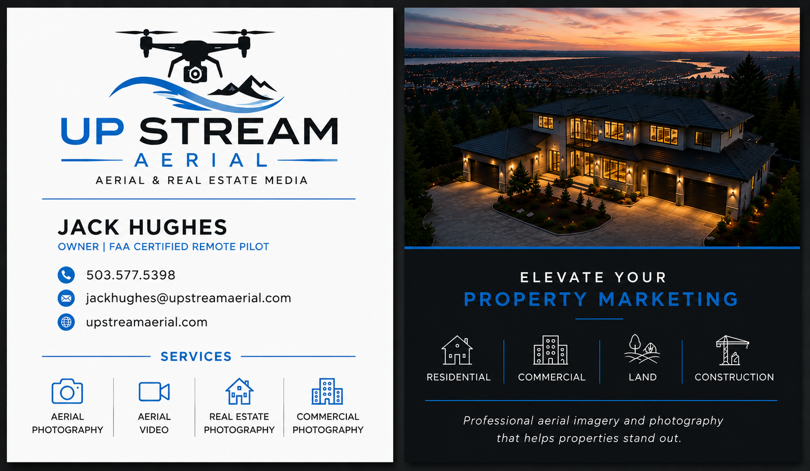 Up Stream Aerial business card and branding